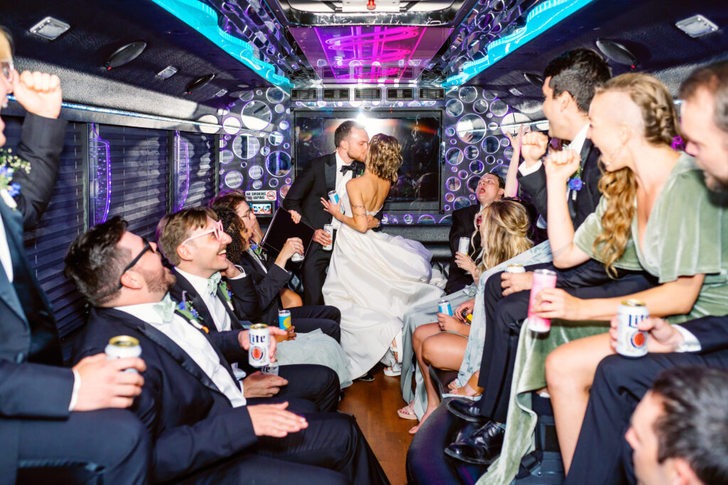 bride and groom in dayton ohio party bus photo 
