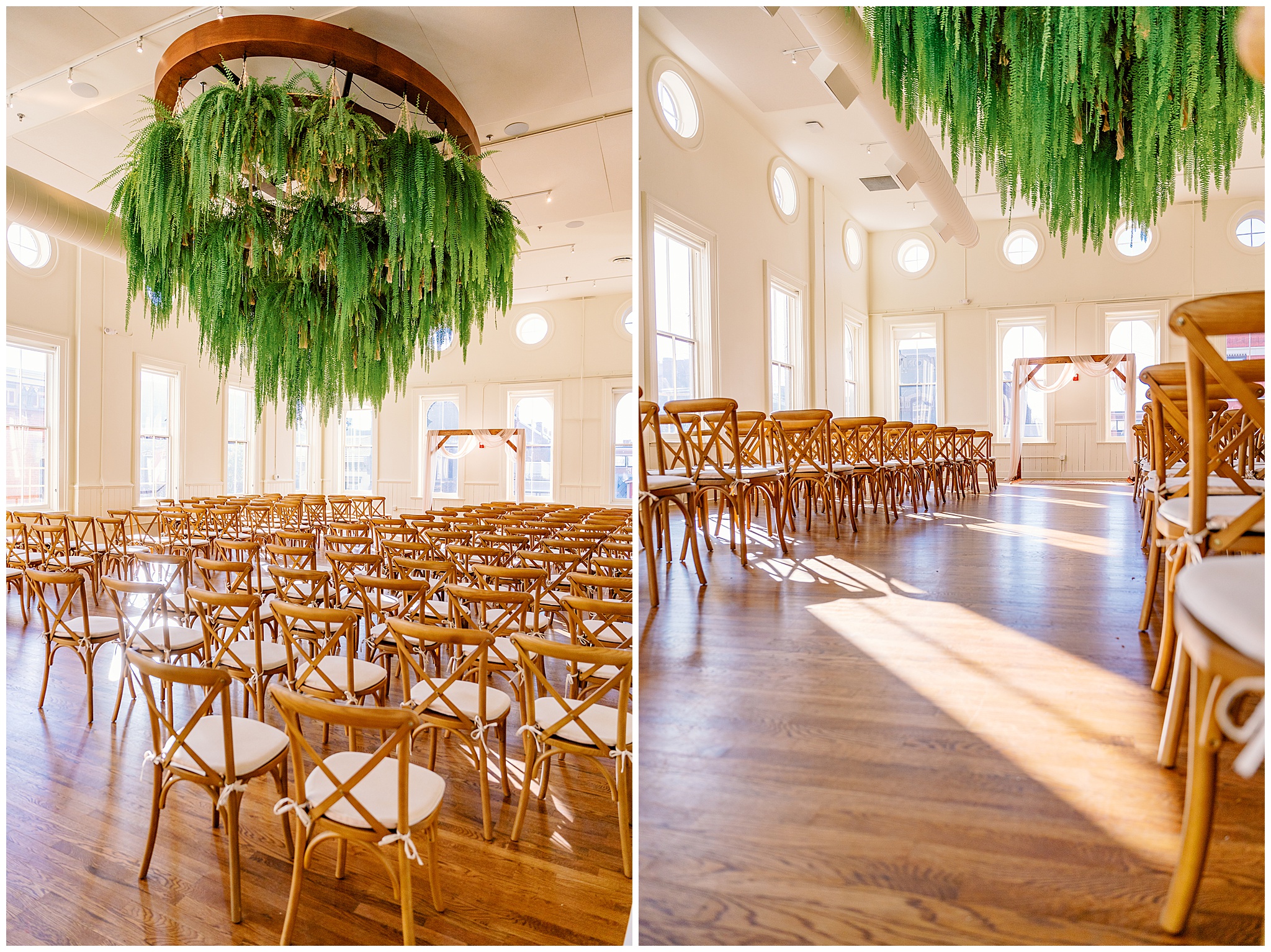 A look down the aisle of a wedding ceremony with wooden chairs and a wooden beam arbor draped with a white fabric