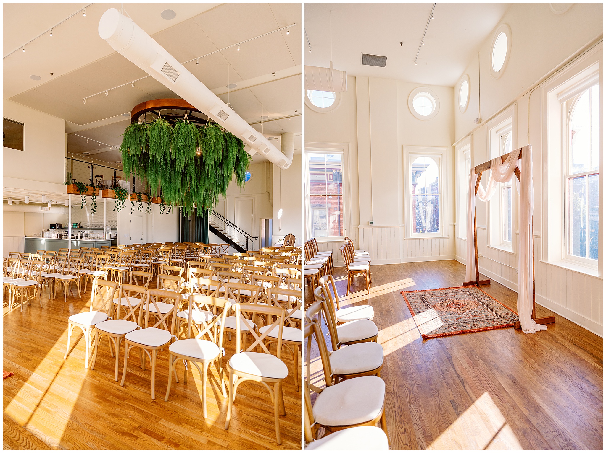 A wedding ceremony setup with wood chairs, high ceilings and a living chandelier