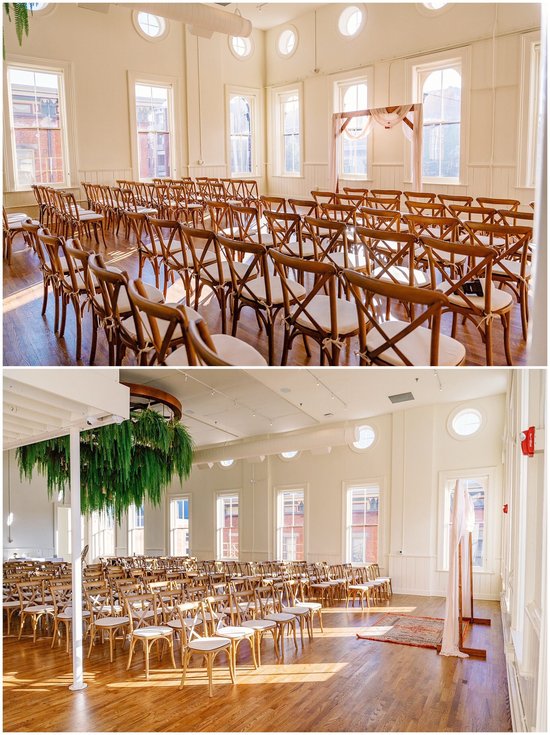 A wedding ceremony setup with wood chairs, high ceilings and a living chandelier
