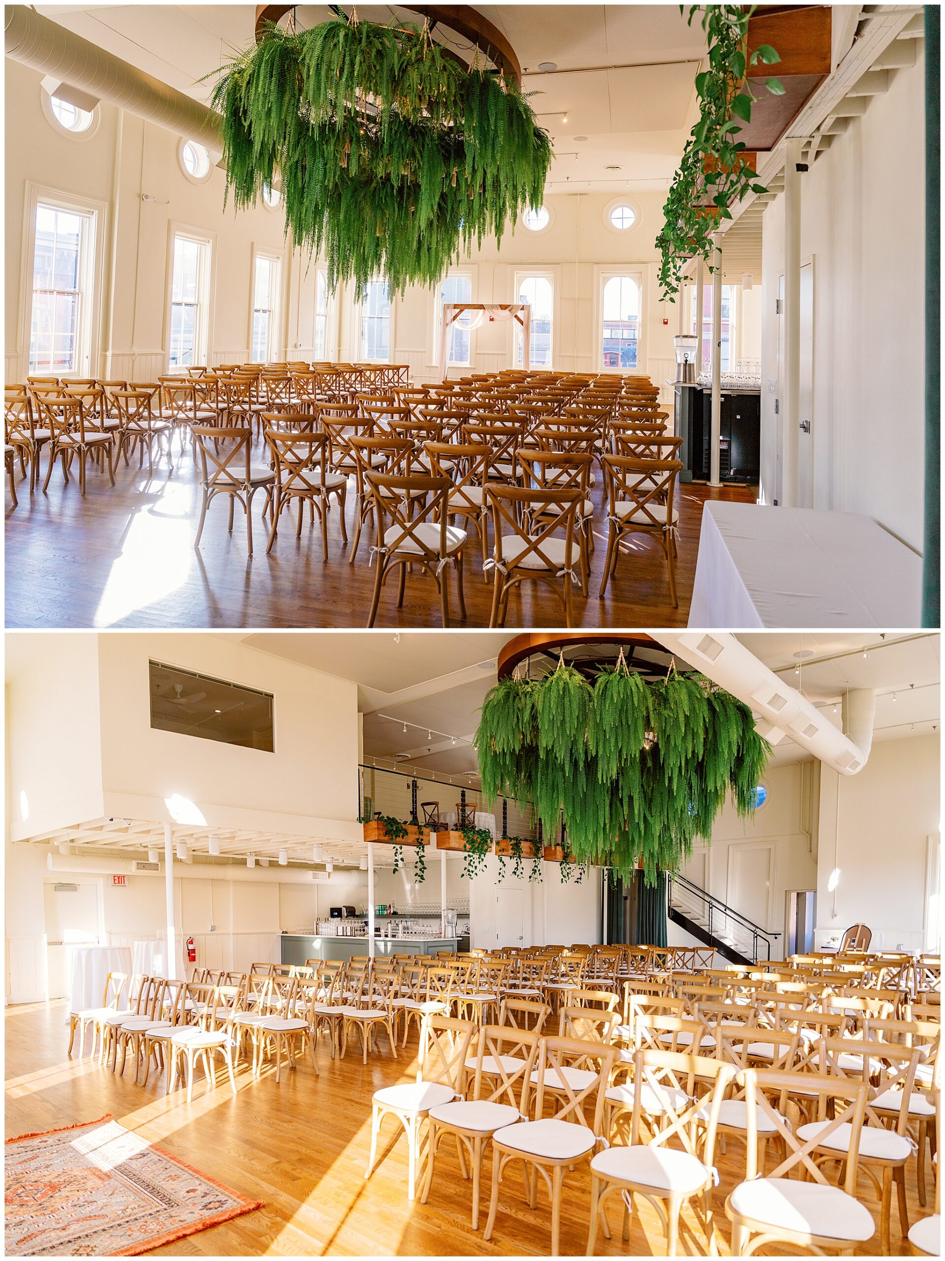 A ceremony setup with wooden chairs on a wooden floor with tall windows all around and greenery hanging from the ceiling and walls madtree alcove wedding