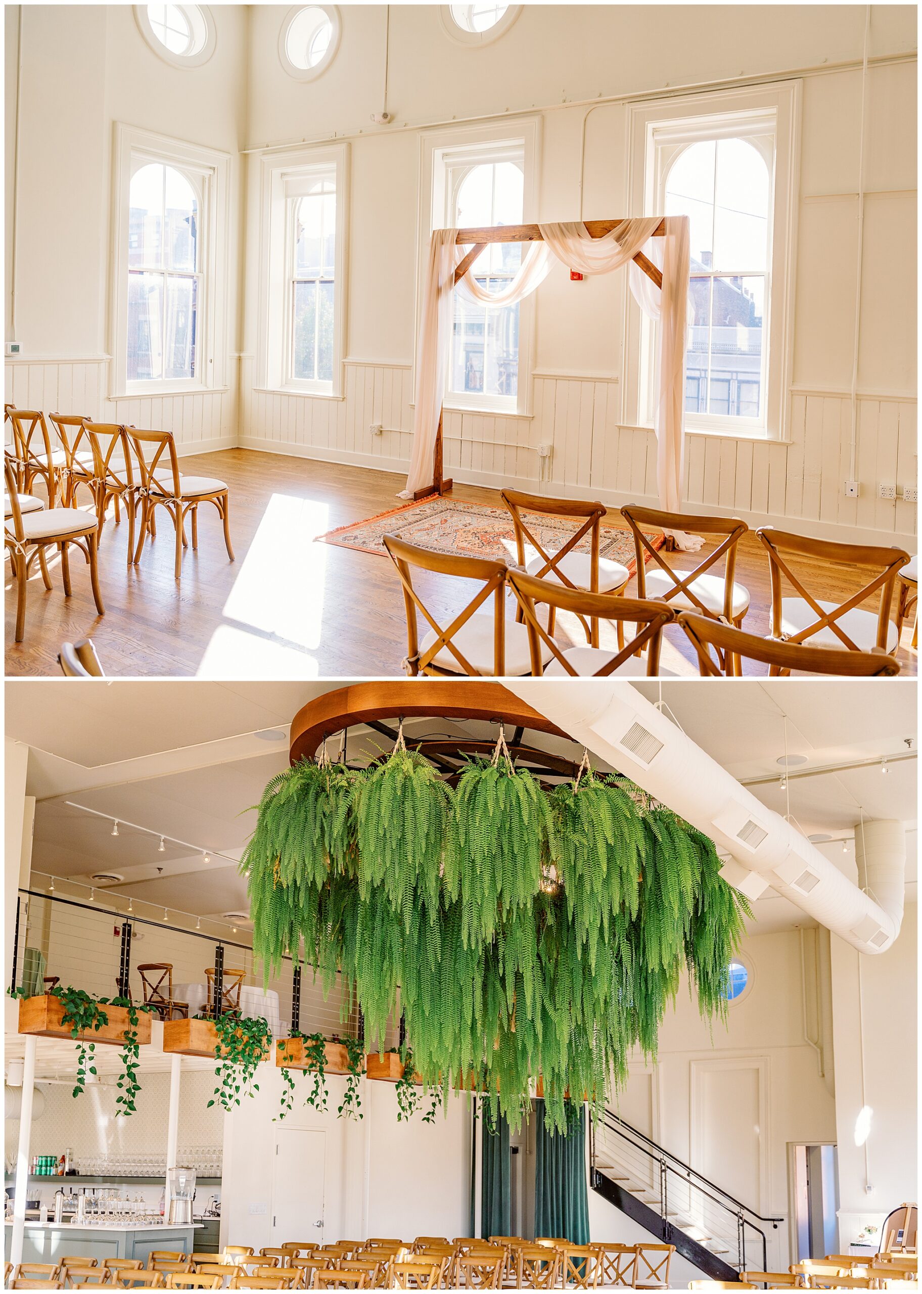 Greenery hangs from a chandelier in a ceremony venue at the madtree alcove wedding venue