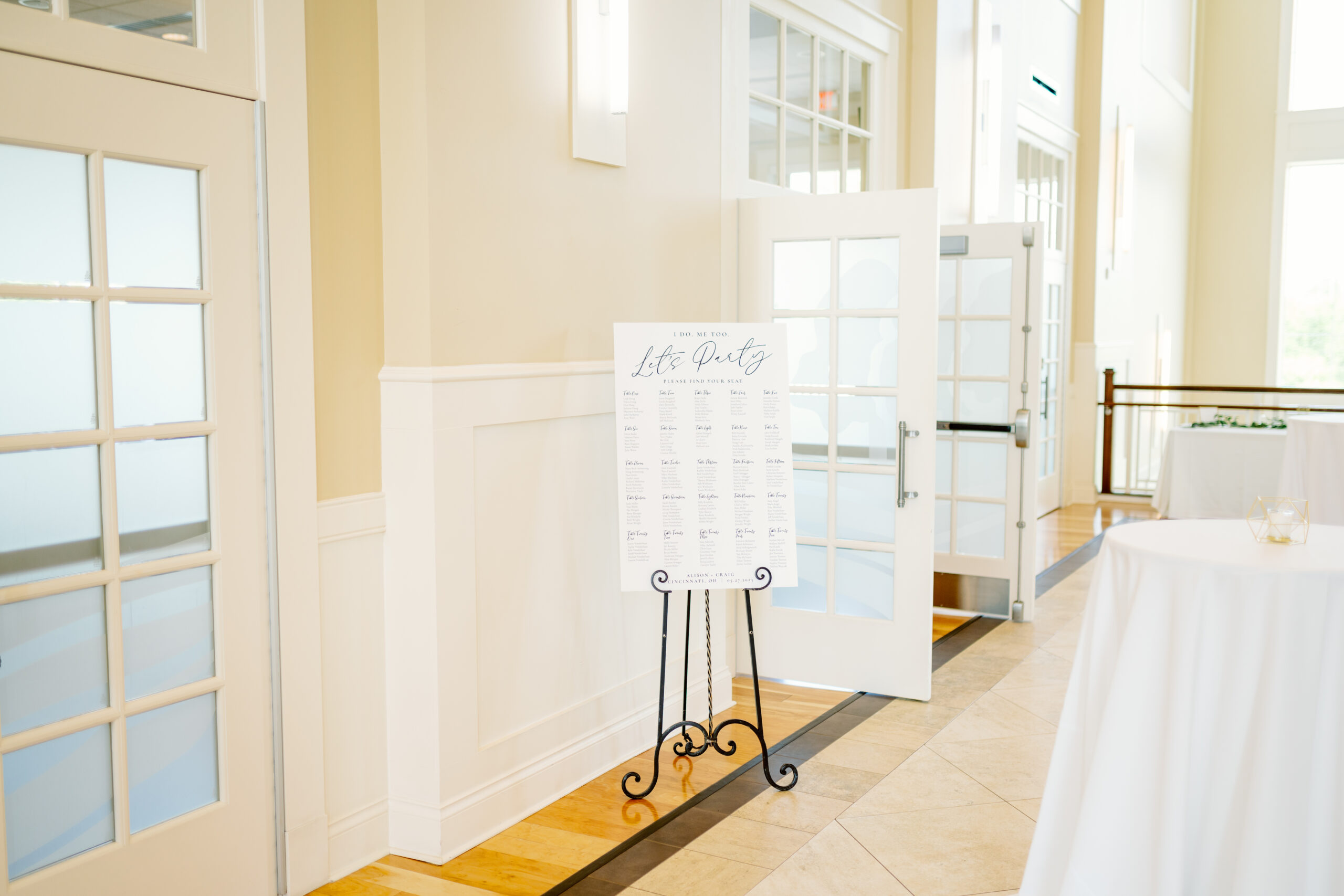 A table assignment board for wedding guests.